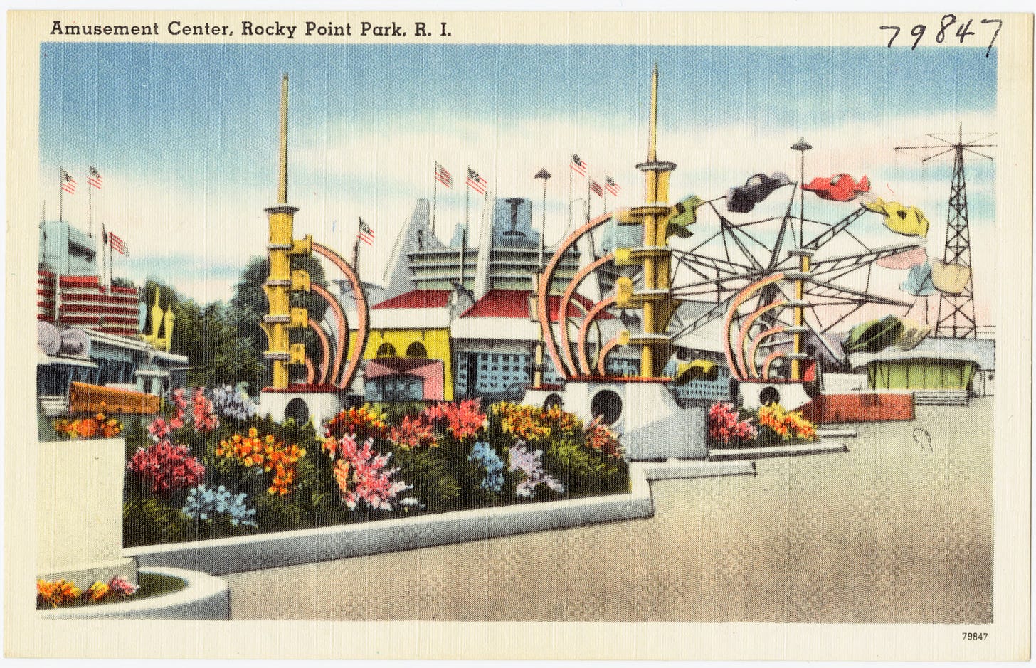 Colorful 1940s postcard of Ferris wheel and other rides at Rocky Point