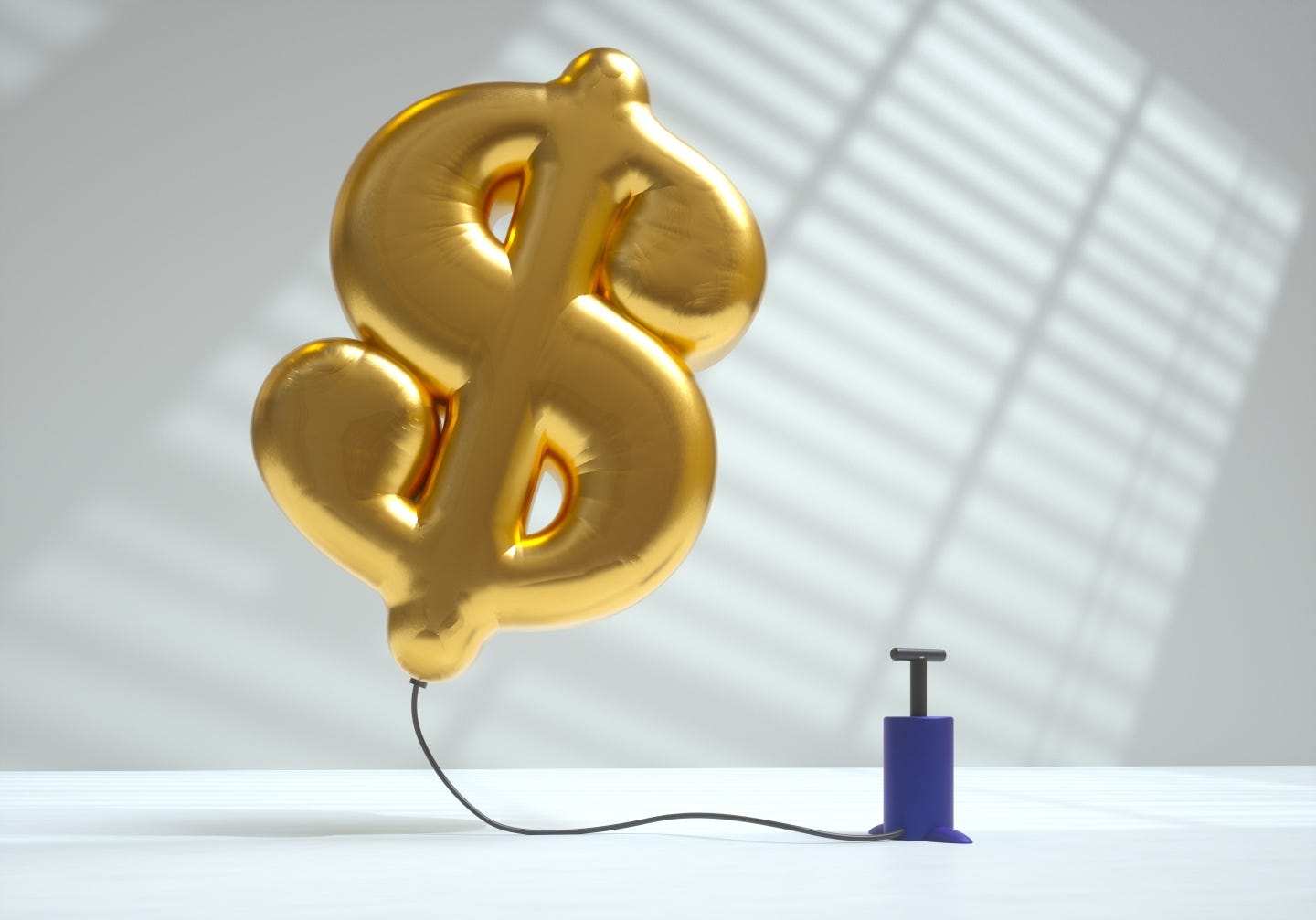 Image of an air pump inflating a golden balloon in the shape of a dollar sign