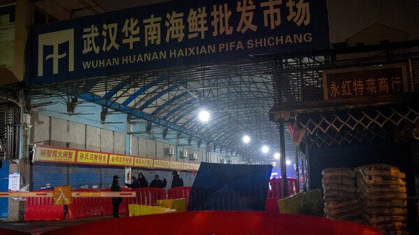 Security guards stand in front of the Huanan Seafood Wholesale Market in Wuhan, China
