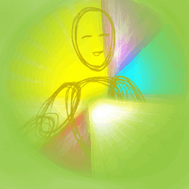 Year 5, Number One, 24. Green Yellow. An animation of a drawn meditating figure with multi-colored rays of light emanating from the center.