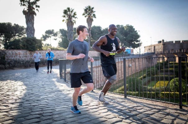 Mark Zuckerberg and Ime Archibong jogging in Barcelona