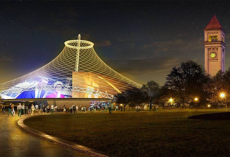 Here's the U.S. Pavilion at night under the current planning scenario. Note that the large domed panels could be used for projections for movies and other large events. (PHOTO: Olson Kundig Architects/Spokane Journal of Business)