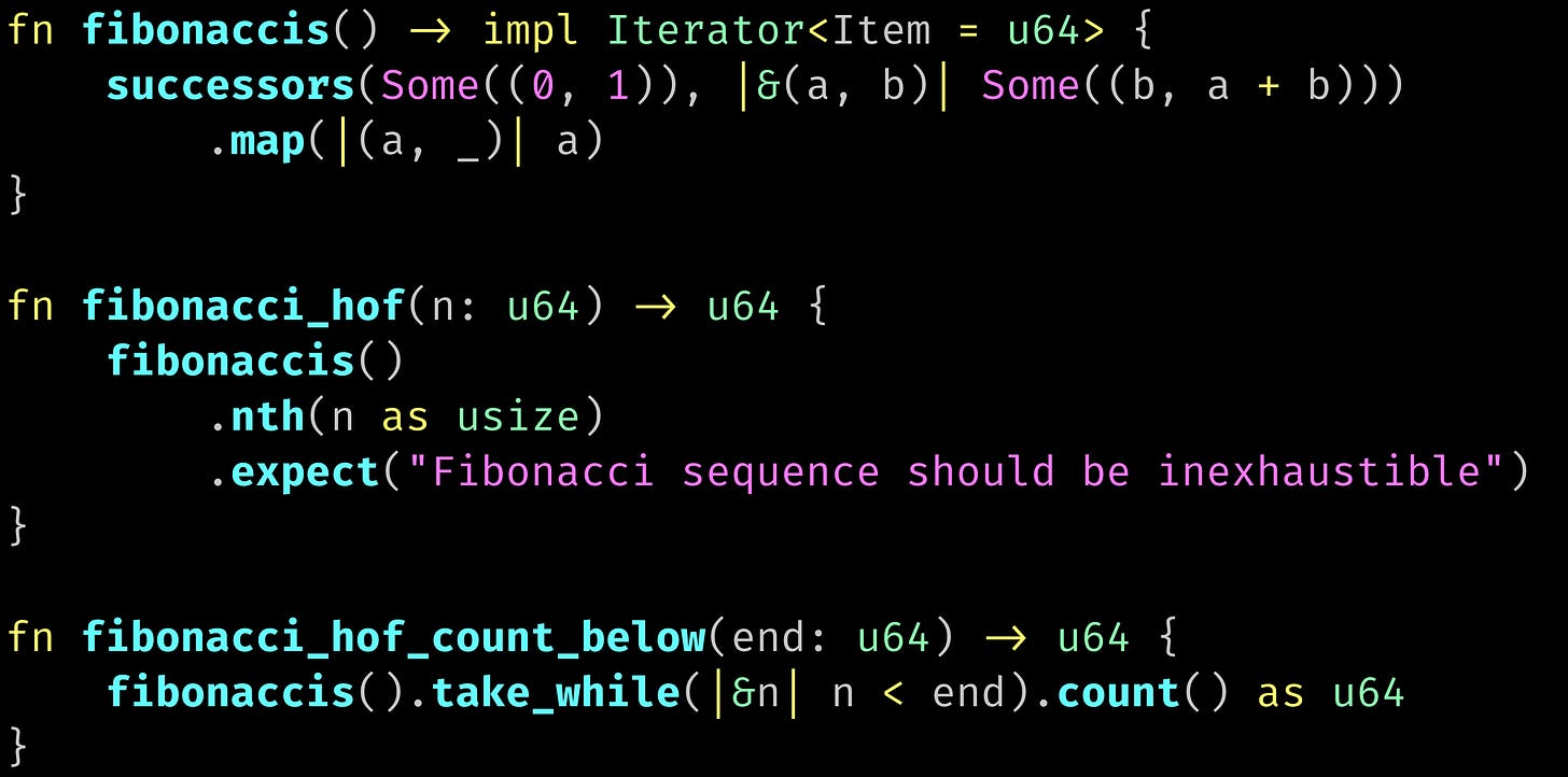 fn fibonaccis() -> impl Iterator<Item = u64> {     successors(Some((0, 1)), |&(a, b)| Some((b, a + b)))         .map(|(a, _)| a) }  fn fibonacci_hof(n: u64) -> u64 {     fibonaccis()         .nth(n as usize)         .expect("Fibonacci sequence should be inexhaustible") }  fn fibonacci_hof_count_below(end: u64) -> u64 {     fibonaccis().take_while(|&n| n < end).count() as u64 }