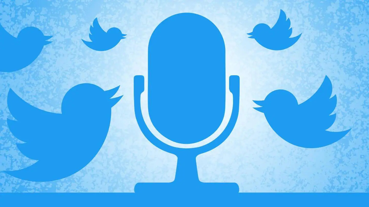 blue twitter birds flying around a microphone