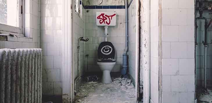 Photo of vandalised toilet in broken-down building.