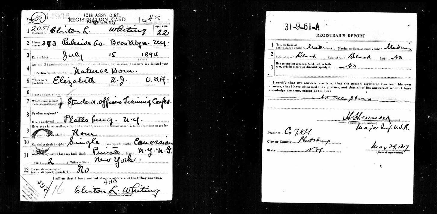Image shows Clinton L. Whiting's World War 1 draft card