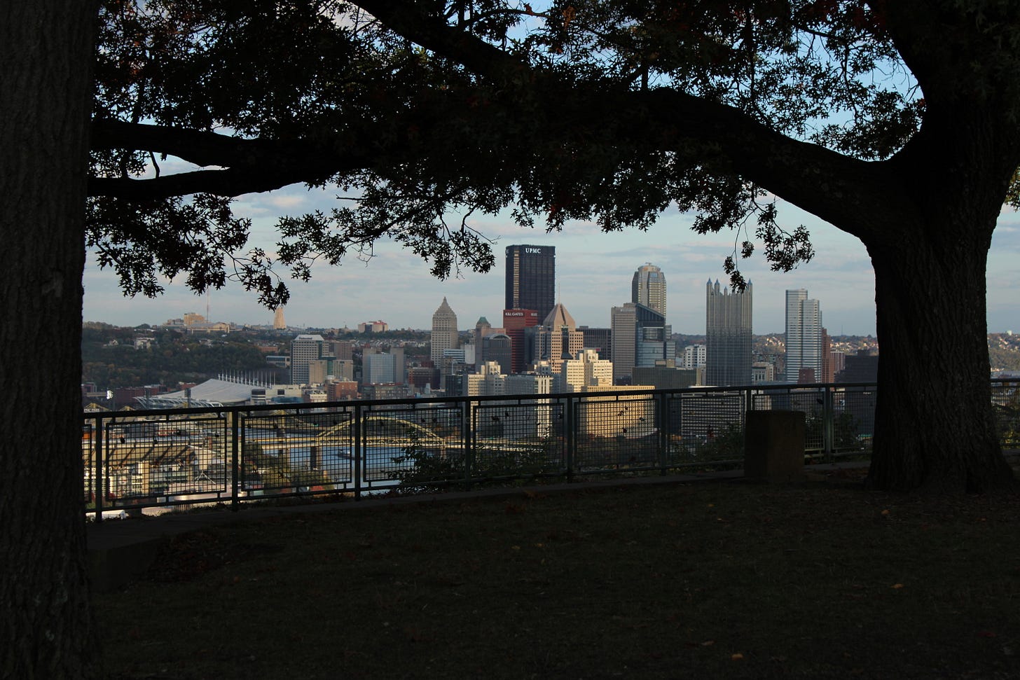 Skyline photograph of PIttsburgh, Penna framed by trees at West End Overlook park.