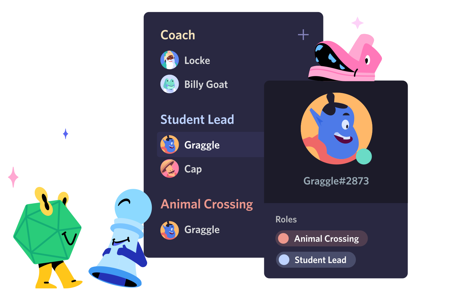 Stylized image showing friends in a server organized into roles for Coach, Student Lead, and Animal Crossing.