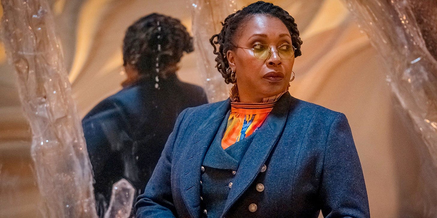 This image from Doctor Who: Flux's third episode ("Once, Upon Time") shows the Fugitive Doctor (played by Jo Martin) looking to her left.