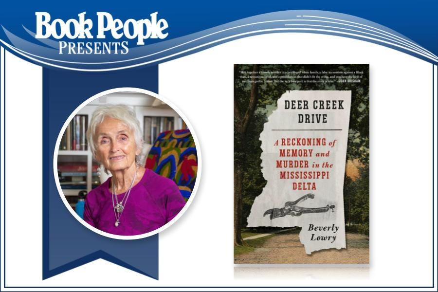 Event graphic of Beverly Lowry next to an image of the cover of Deer Creek Drive