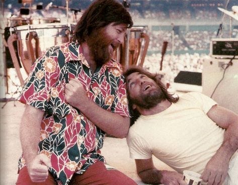 georgefairbrother:
“A nice moment here between two supremely talented brothers, Brian and Dennis Wilson, founding members of The Beach Boys. The genuine affection between these two was often evident on stage.
Dennis drowned in the waters of Marina...