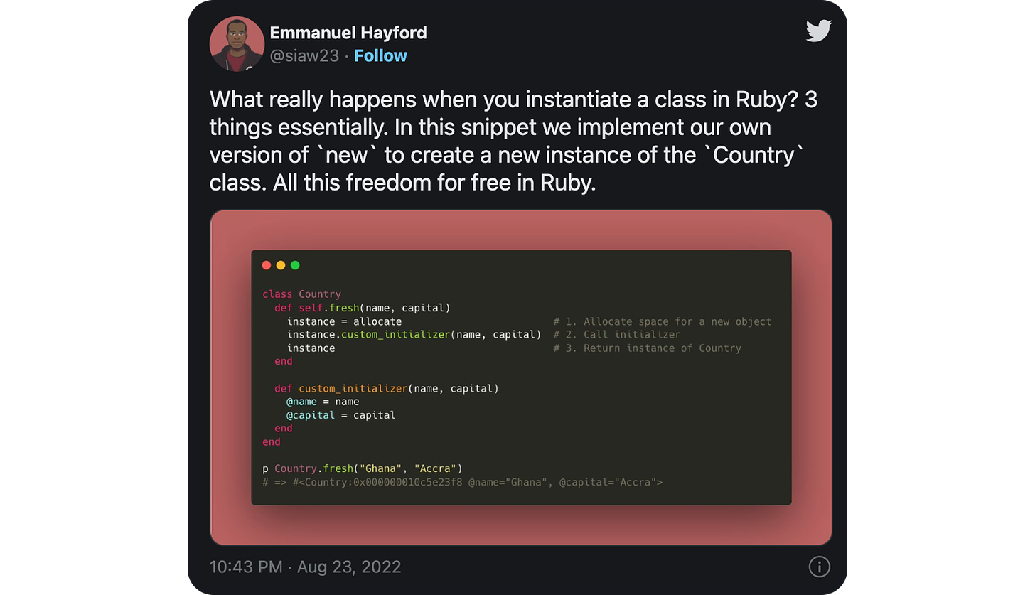What really happens when you instantiate a class in Ruby? 3 things essentially. In this snippet we implement our own version of `new` to create a new instance of the `Country` class. All this freedom for free in Ruby. 