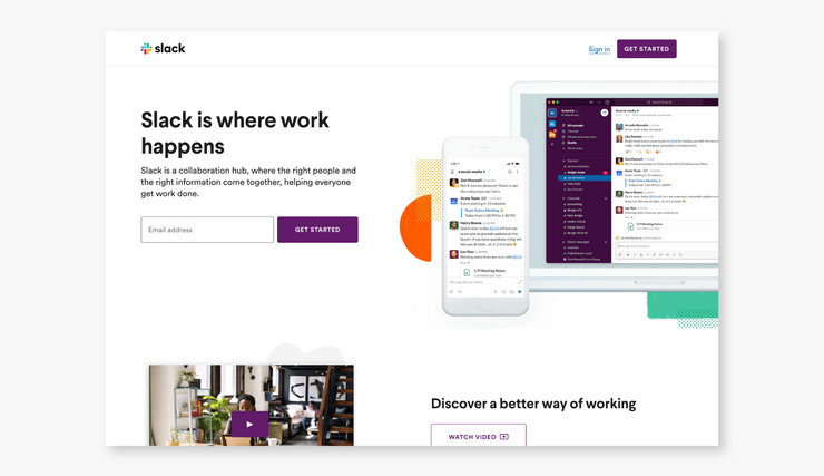 El contenido en Slack's la página de destino se conecta con el deseo de un ambiente de trabajo productivo. La copia es concisa y la llamada a la acción es fácil de localizar.