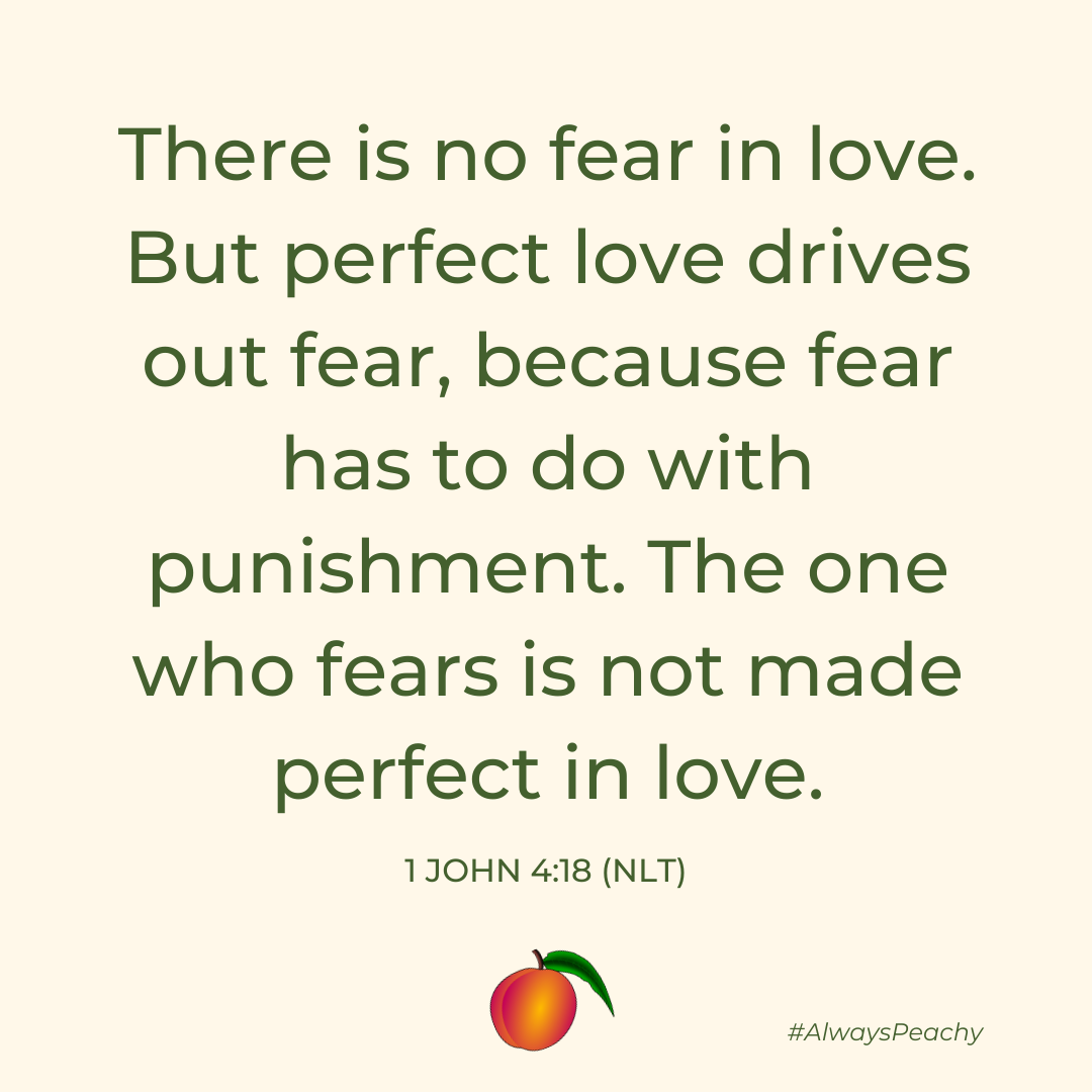 1 John 4:18 “There is no fear in love. But perfect love drives out fear, because fear has to do with punishment. The one who fears is not made perfect in love.”
