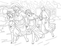 Lot and His Daughters Fleeing the Destruction of Sodom and Gomorrah Coloring page
