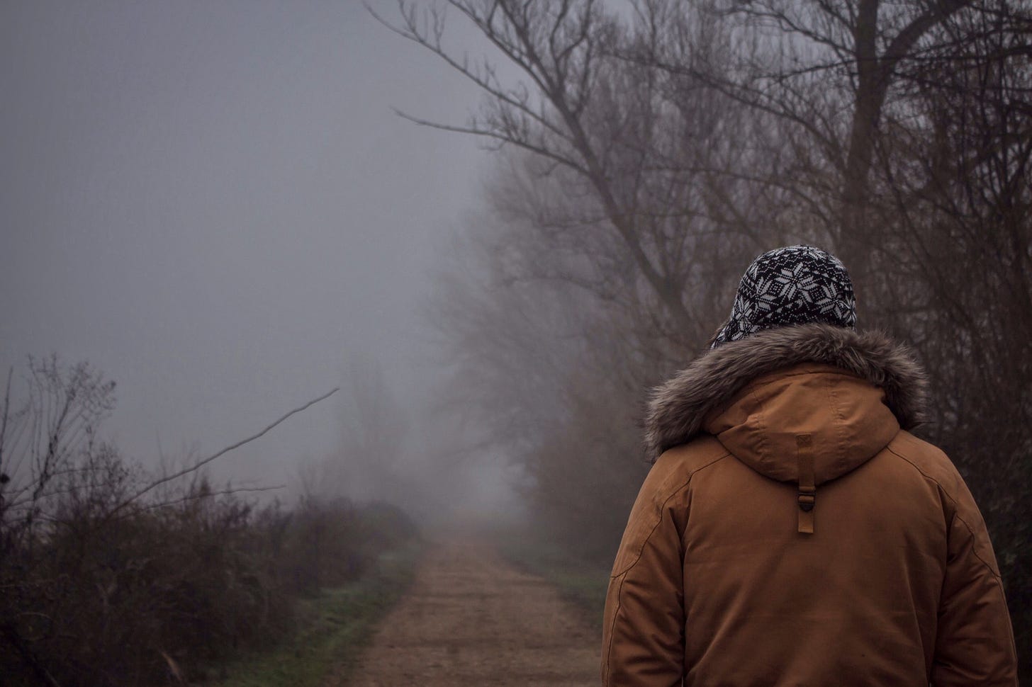 A person walks alone in the cold along a foggy country road.