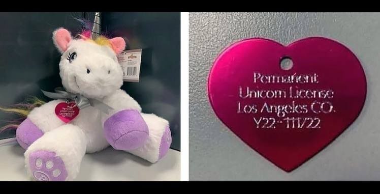 A toy unicorn with a LA County Unicorn Licence tag on it.