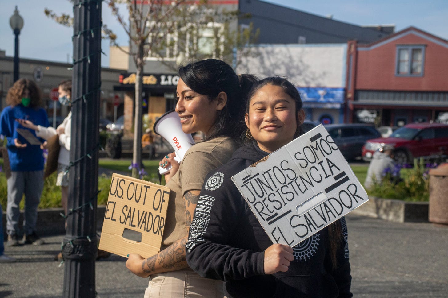 Klara Hernandez poses with a attendee at the Arcata Plaza on April 7.