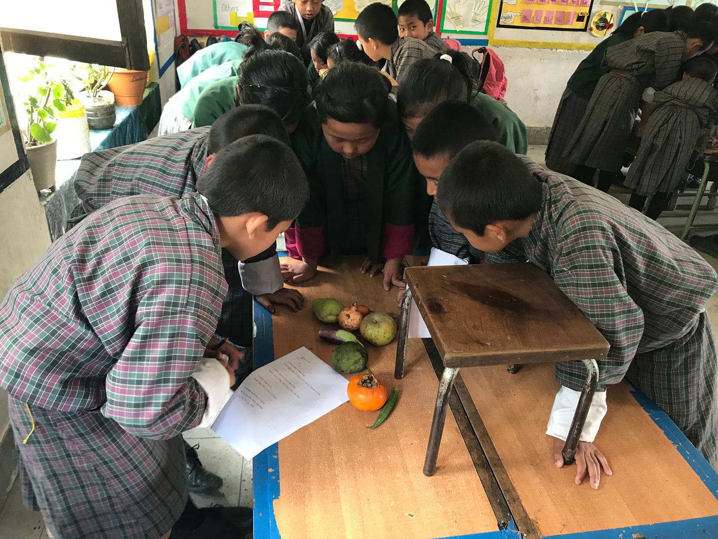 Bhutanese students gather in a group for a science lesson on fruits and vegetables.