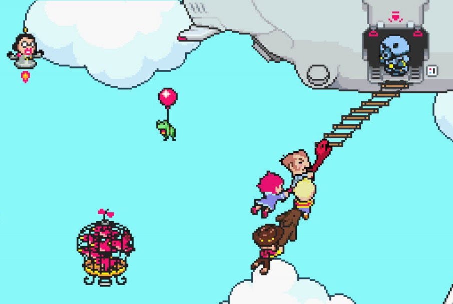 A screenshot from Mother 3, with the game's party hanging from a ladder attached to a blimp, trying not to fall to their doom.