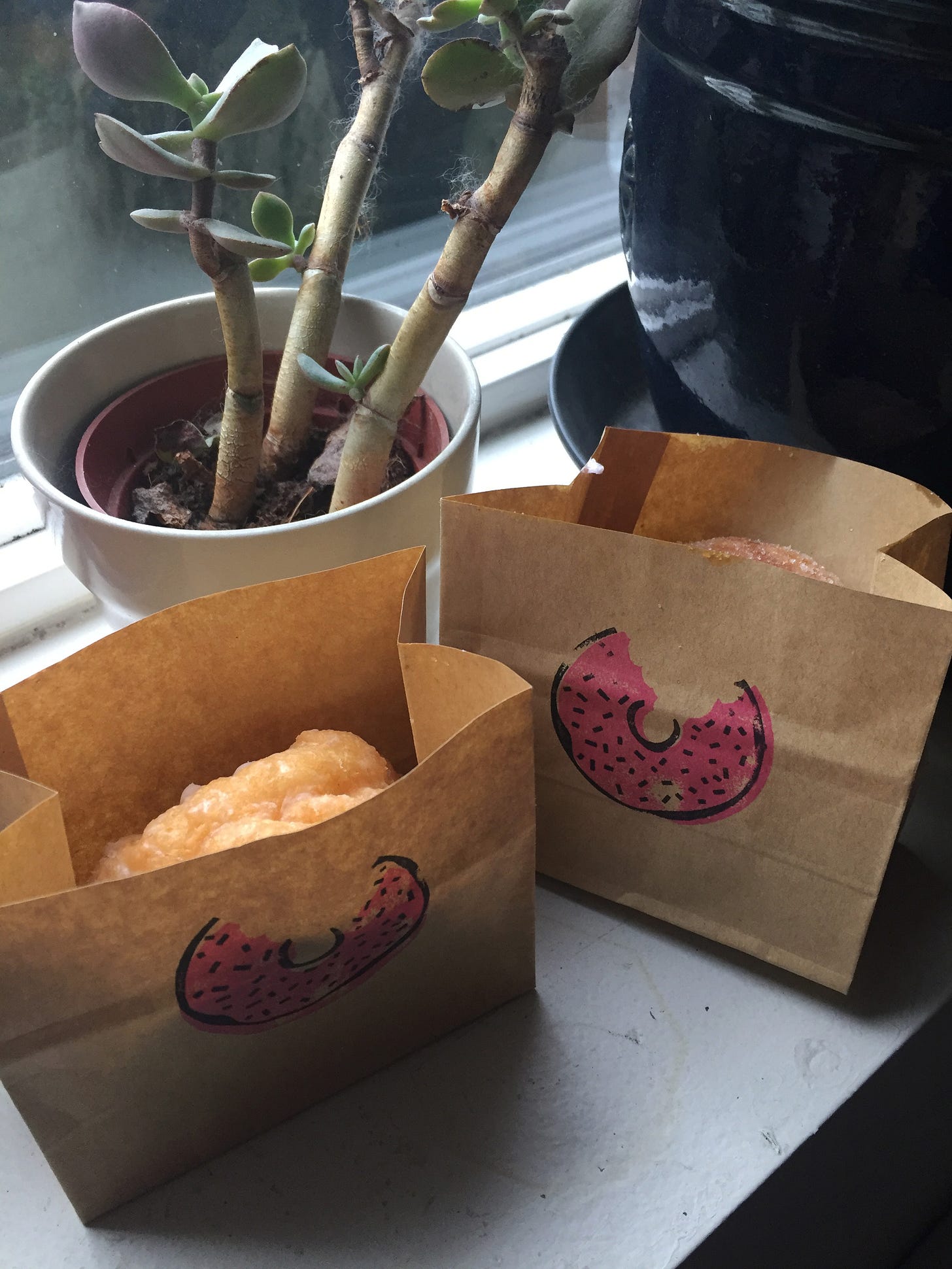 on a windowsill in front of a succulent are two small paper bags with donuts inside. A pink logo of a donut with a bite out of it is on the front of each bag.
