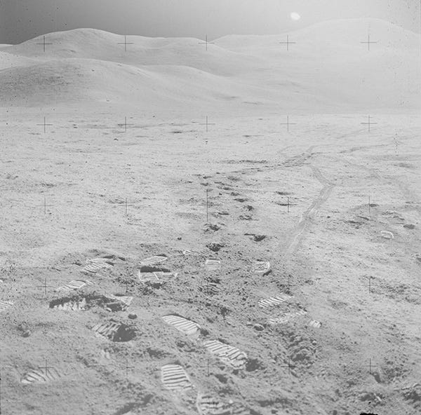 Neil Armstrong, An Apollo 11 Hassleblad image of the moon's surface with footprints, 1969