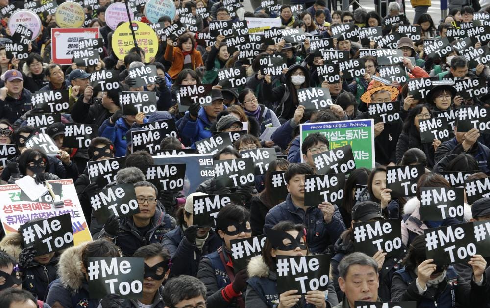 FILE - Demonstrators supporting the #MeToo movement stage a rally to mark the International Women's Day in Seoul, South Korea, March 8, 2018. For years, the story of South Korean women has been defined by perseverance as they made gradual but steady progress in the workplace and fought against a deeply entrenched culture of misogyny and harassment. (AP Photo/Ahn Young-joon, File)