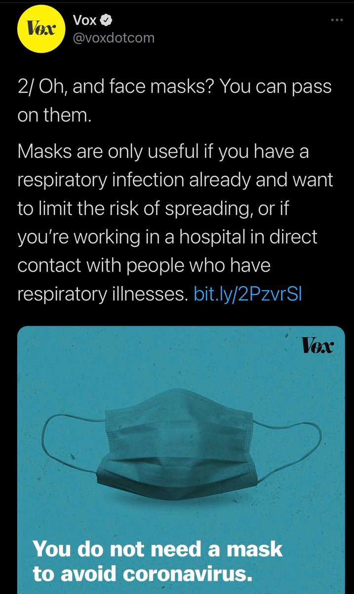Vox on Twitter: &quot;We&#39;ve deleted two tweets from March about mask-wearing.  Though we replied with an update when CDC guidance changed to recommend  masks, recent replies suggest the time frame of the