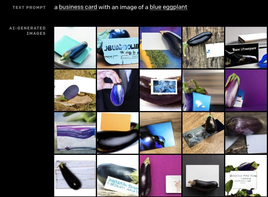 Prompt: "a business card with an image of a blue eggplant." Very few of the images have eggplants printed on the cards; mostly they're hanging out next to the card or peeking in from the edge f the picture.