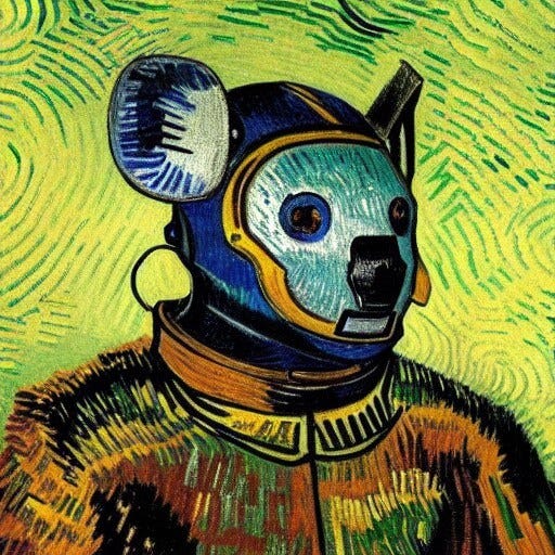 AI-generated image based on prompt: Portrait of an iron robotic koala warrior in a helmet by Vincent Van Gogh
