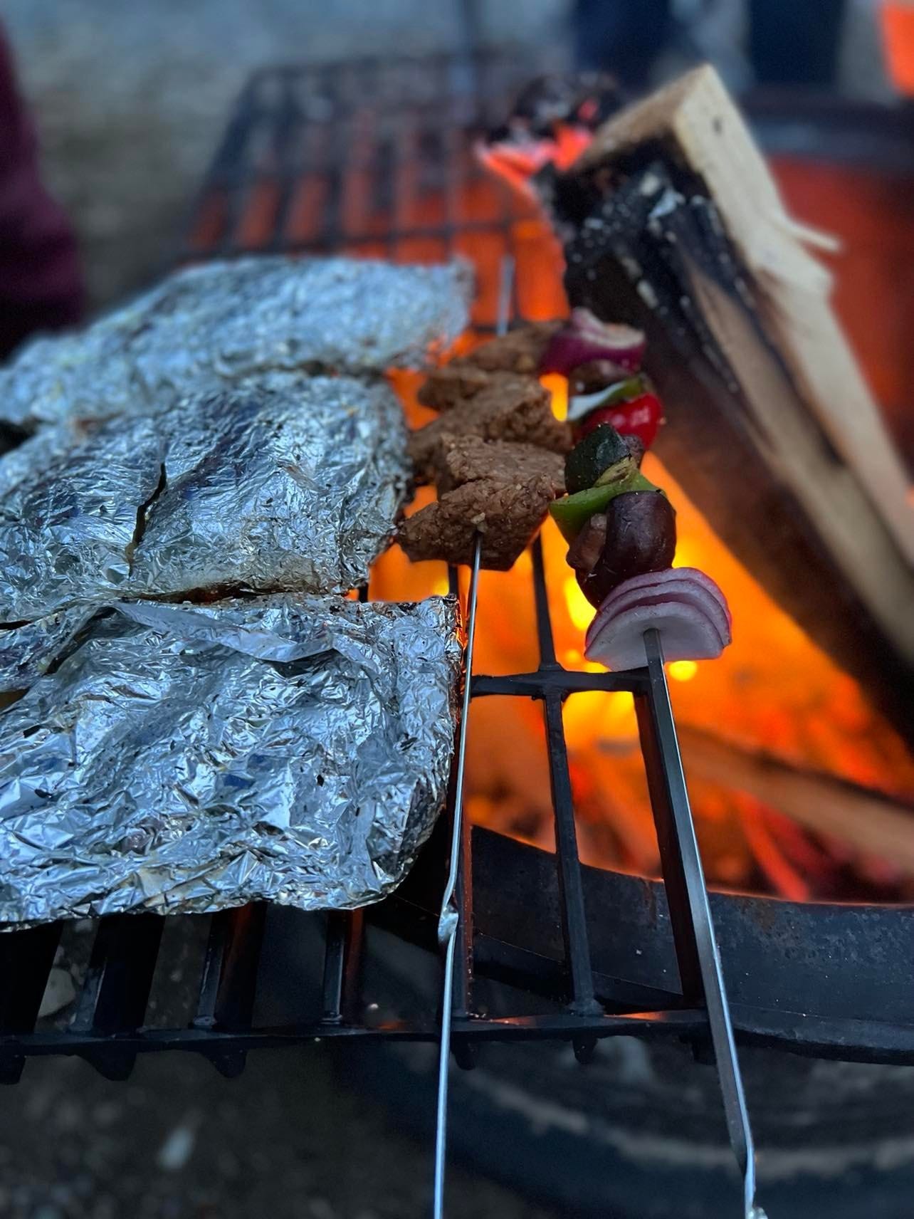roasting seitan and veggie packets over a camp fire