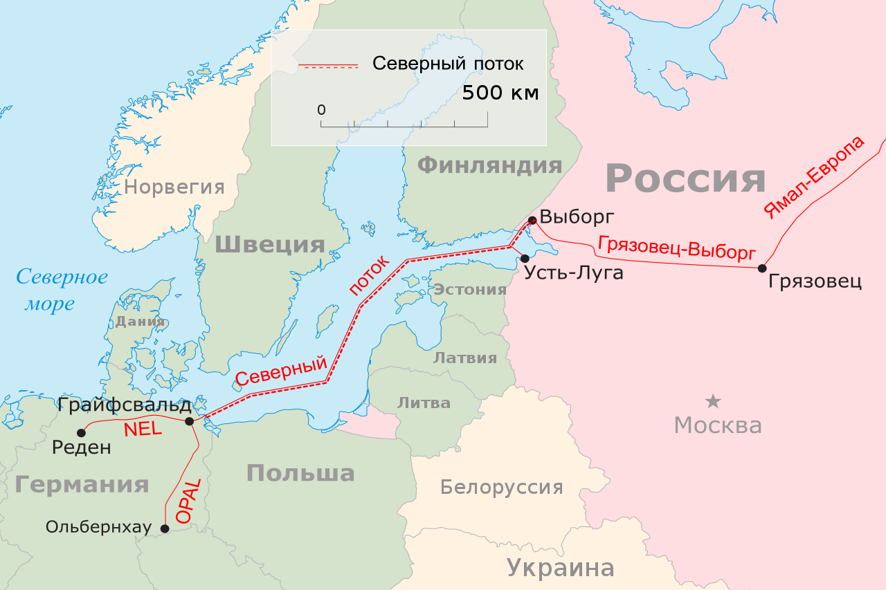 The Nord Stream 2 pipeline is shown in dashed red.