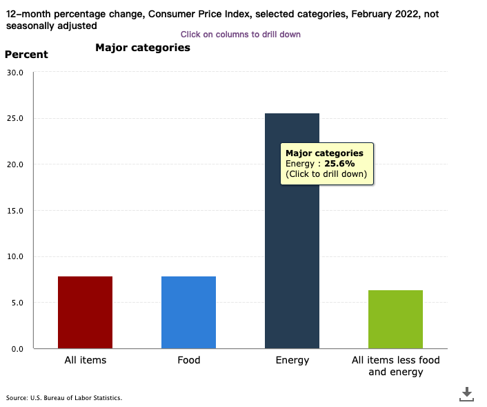 美國2022年2月消費者物價指數各類別年增率