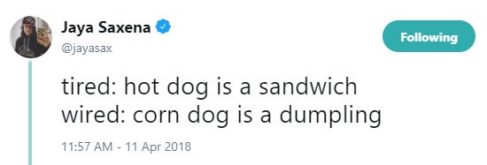 Tweet screenshot about hot dogs