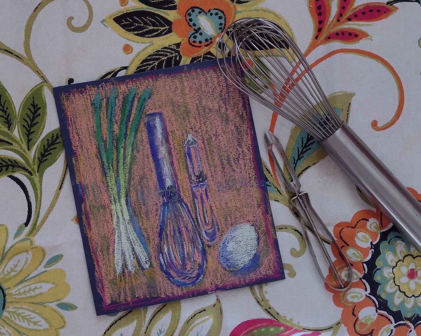 illustration whisk, veggie peeler, egg and scallions