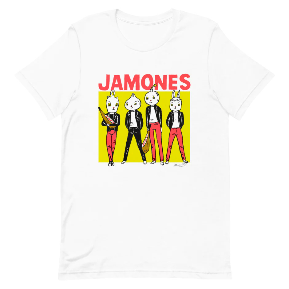 A white tshirt with 4 "Jamones" cartoon figures, a play on the Ramones