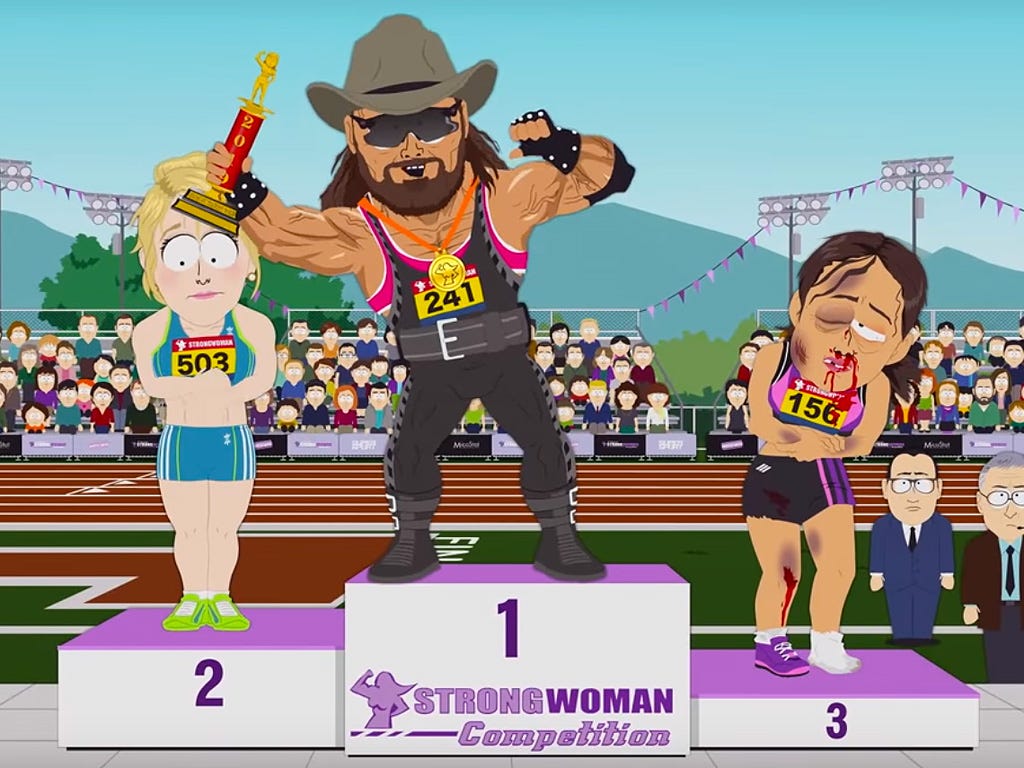 Season 23, episode 7 of ‘South Park’: (L-R) Vice-principal Strong Woman, Heather Swanson, and another contestant in the controversial episode aired on Nov. 13, 2019.