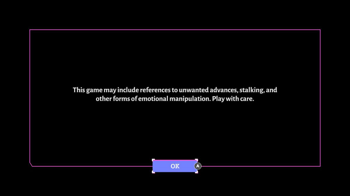 Content warning in Boyfriend Dungeon that states, “This game may included references to unwanted advances, stalking, and other forms of emotional manipulation. Play with care.”