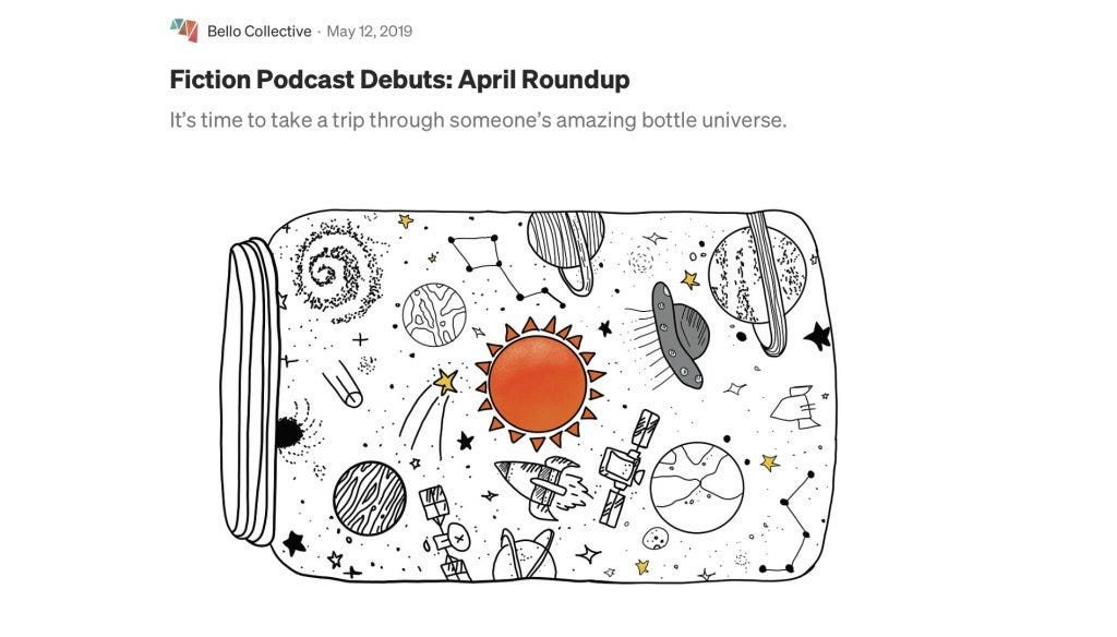 Drawing of planets, galaxies, satellites, and rocks around an orange sun in a bottle.