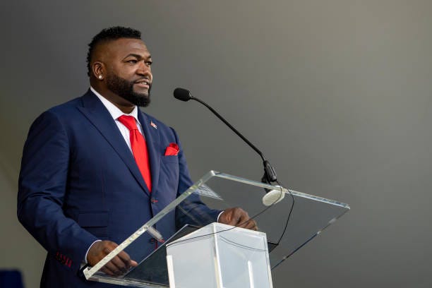 Hall of Fame Class of 2022 Inductee David Ortiz speaks after being presented with his plaque during the induction ceremony during the 2022 Hall of...