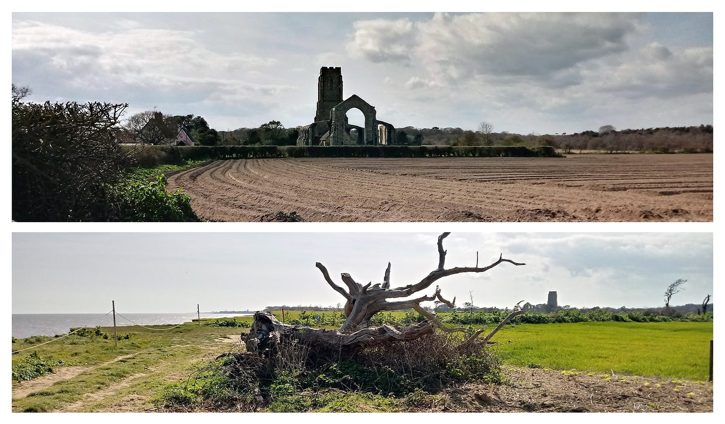 Cliff top path and St Andrew church at Covehithe