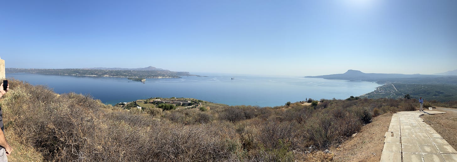 A panoramic view from a hilltop in Souda Bay, Crete