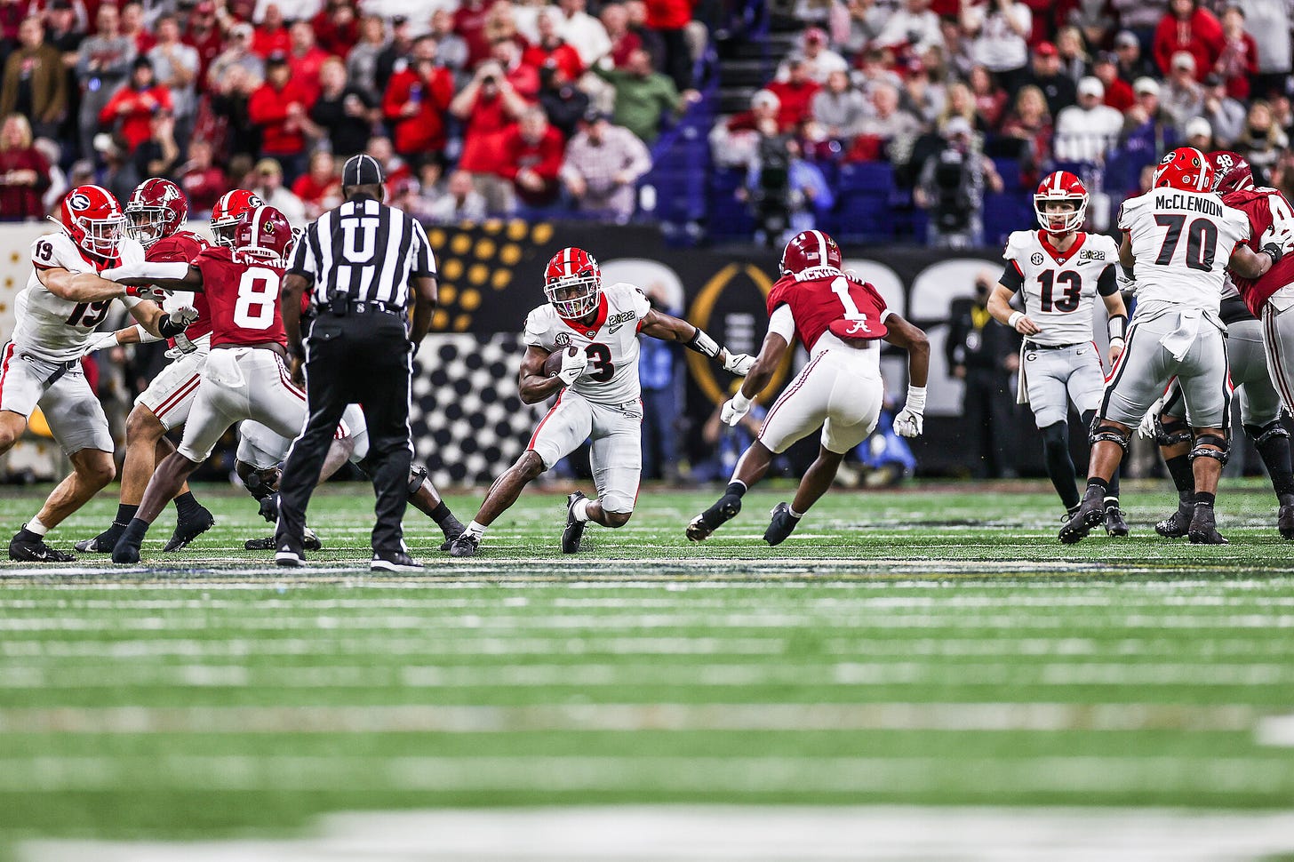 Georgia during the College Football Playoff National Championship at Lucas Oil Stadium in Indianapolis, Ind., on Monday Jan. 10, 2022. (Photo by Mackenzie Miles)