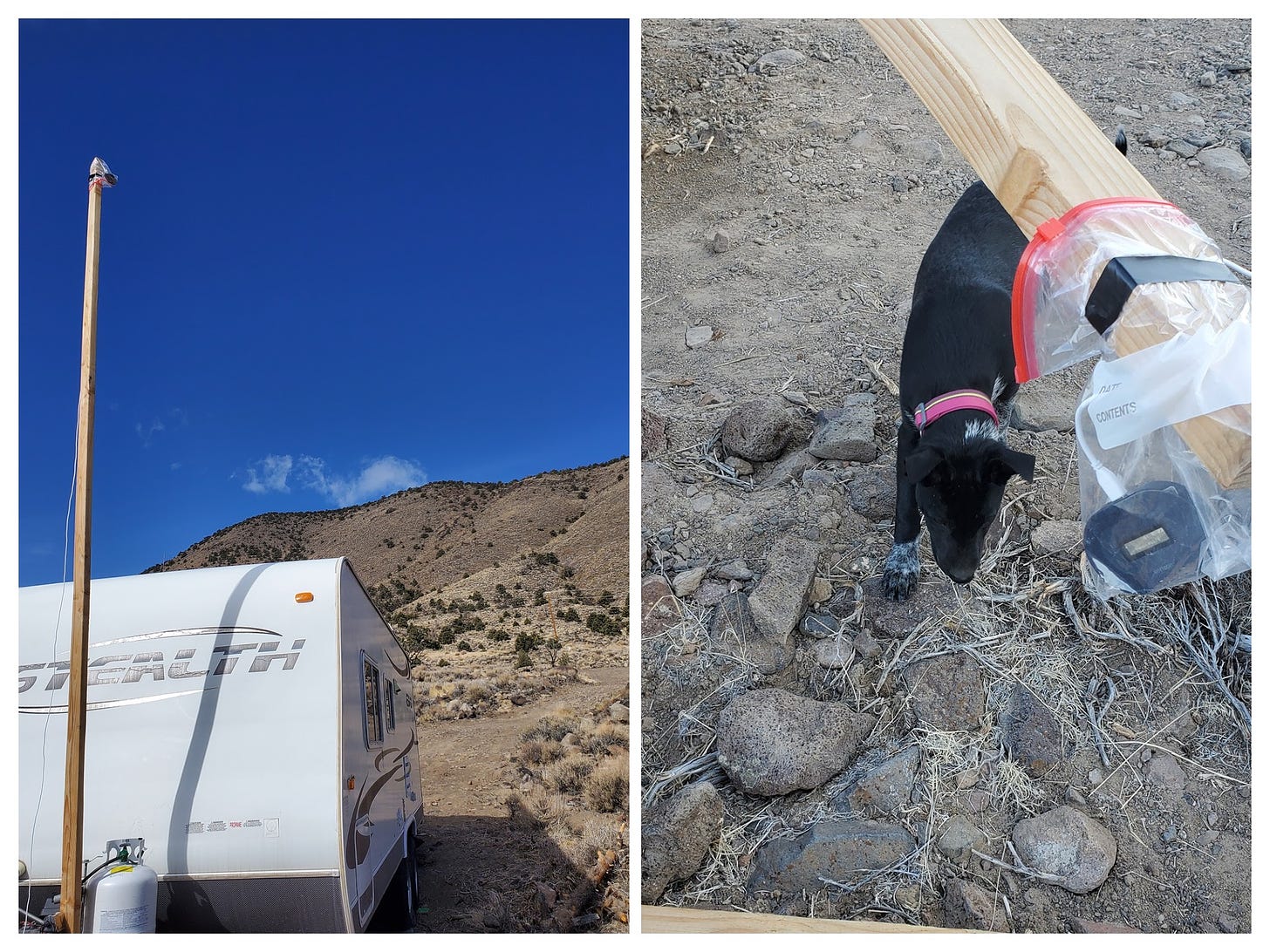 Collage photo. Image on left shows a 2"x4" wood post at the front of a travel trailer. Image at right shows a close up of the end of the post and a hotspot in a Ziploc bag duct taped to end. A black puppy is nearby checking things out.