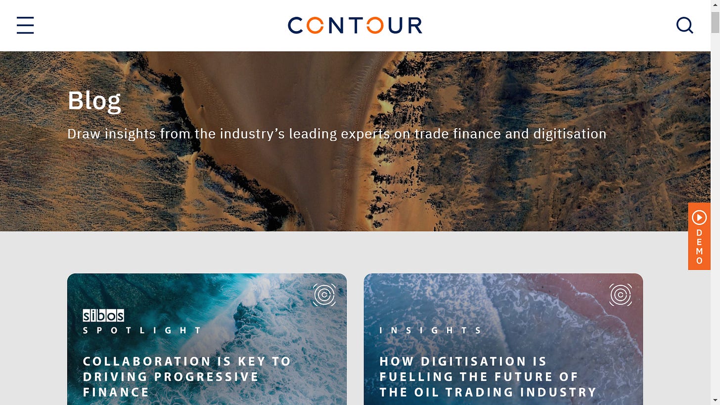 Landing page of the trade finance blog section of Contour's website