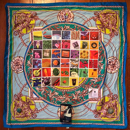 40+ cards laid in a grid on a colorful silk scarf. Rainbow Squared cards with images from Year 2. This is the spread for this week’s reading, Piece Forty of Rainbow Squared Year 5. Each card is laid out in the order that I drew them this year. 