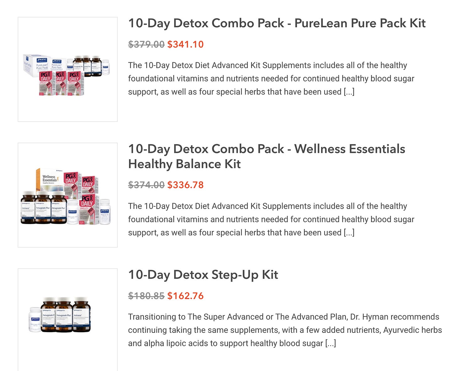 3 different products being sold by Dr. Mark Hyman purporting to detox you in 10 days with costs ranging between $162 and $341