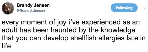 Screenshot of a funny tweet about shellfish allergies. 