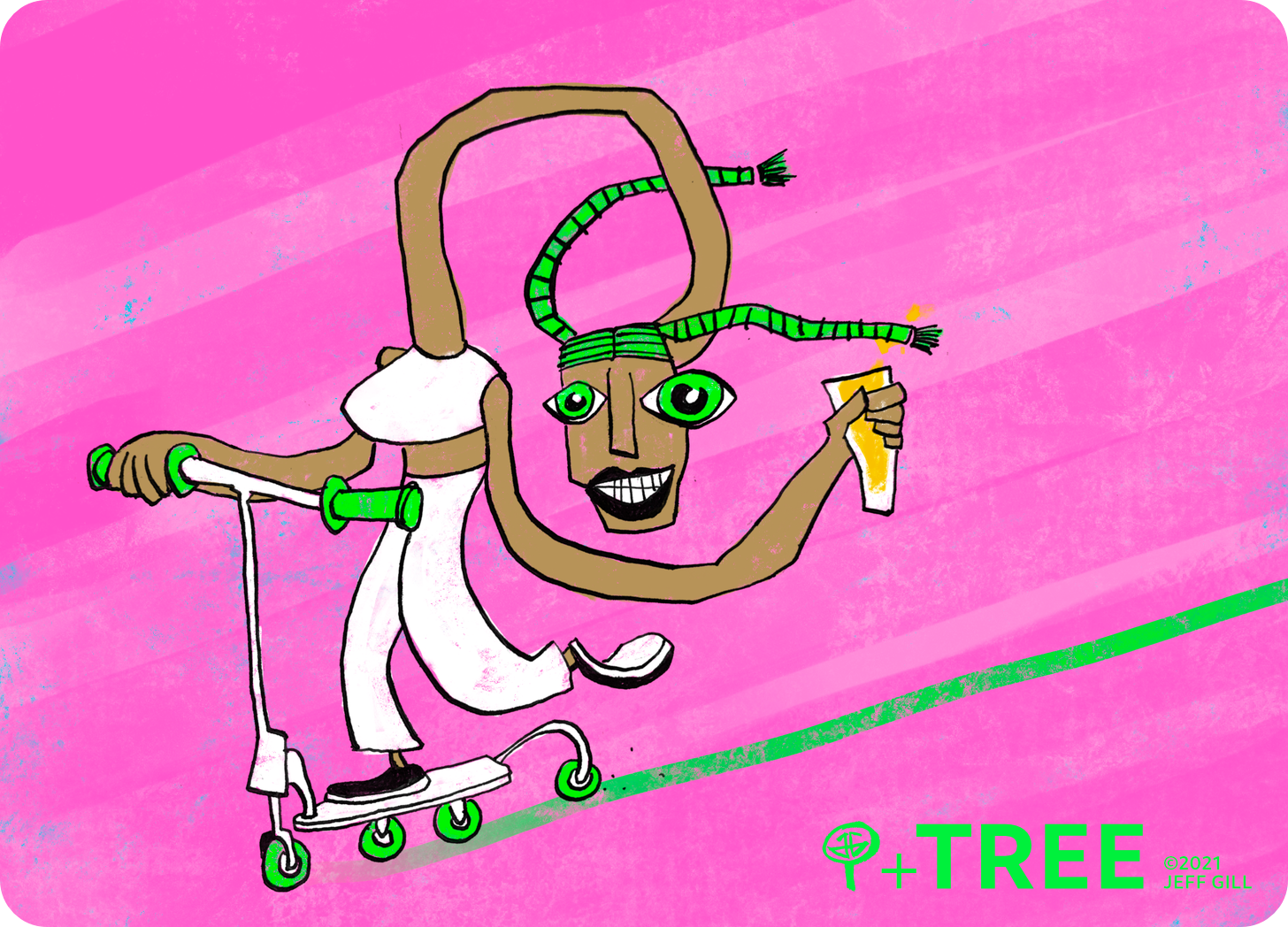 An illustration of a woman with green plaited hair and a long bendy neck looking at the viewer while riding a push scooter and holding a pint of beer, which I assume is a citrussy IPA.