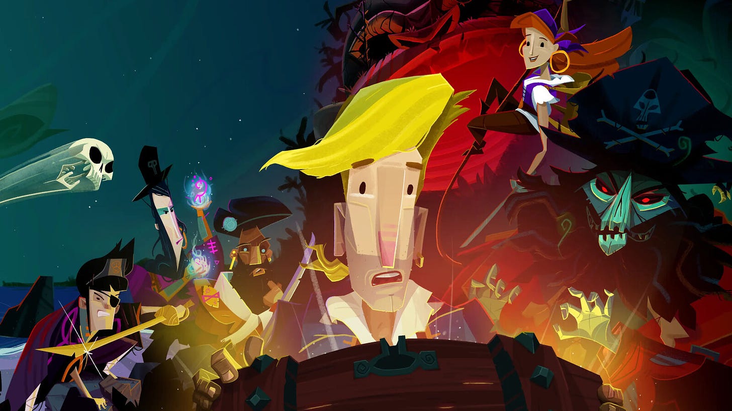 Return to Monkey Island artwork with Guybrush Threepwood opening a chest, behind him, pirates, Le Chuck, Elaine and Murray the talking skull.